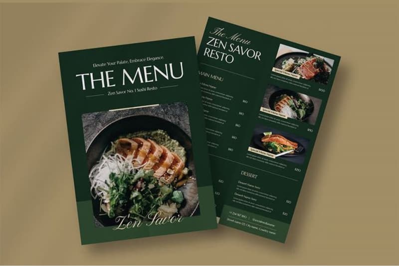 Modern dark green restaurant menu