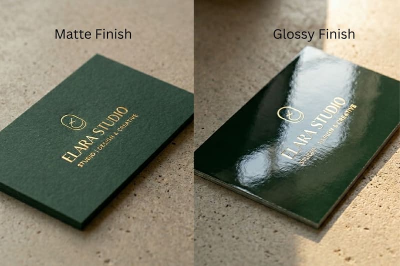 Side-by-side comparison of a matte vs. glossy finish on a dark green business card with gold foil branding for Elara Studio.