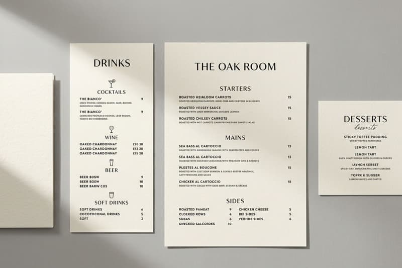 Modern restaurant menu design template for The Oak Room.