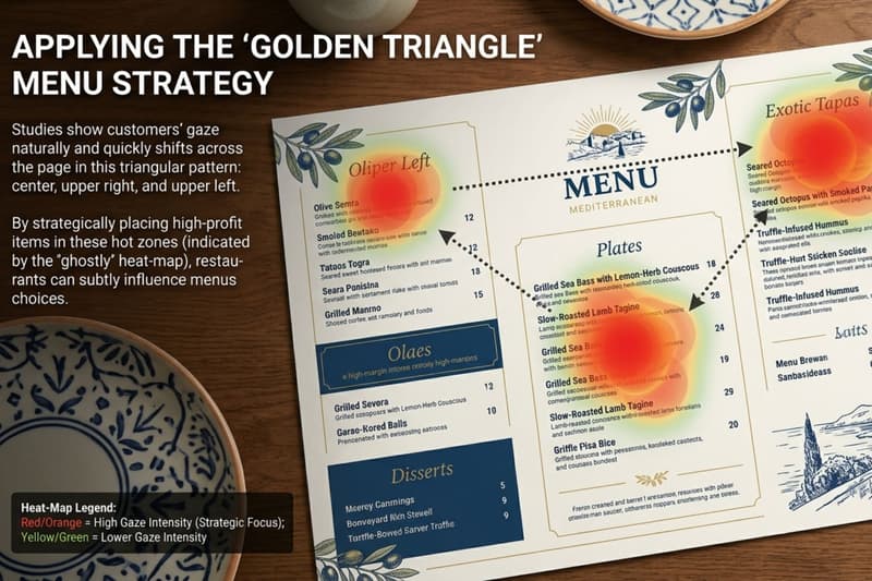 Infographic of a restaurant menu heat-map showing the Golden Triangle gaze pattern for strategic item placement.