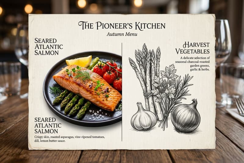 A rustic restaurant menu showing a photo of seared salmon and a hand-drawn illustration of vegetables.