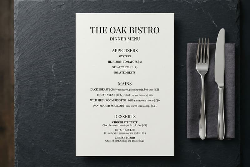  Gemini said A dinner menu for "The Oak Bistro" displayed on a slate board next to a napkin and silver cutlery.
