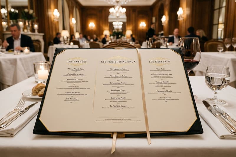 Gemini said An elegant, three-panel French menu rests on a white tablecloth in a dimly lit, upscale restaurant.