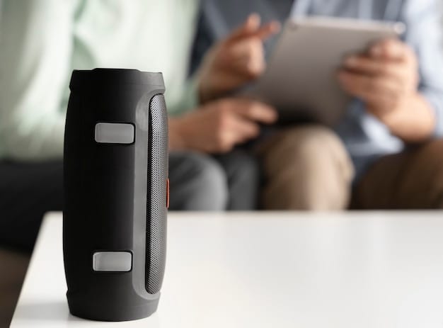 Close up seniors with tablet and speaker