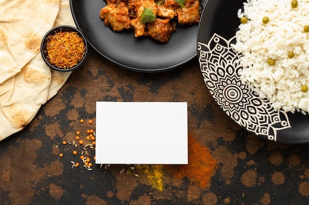 Flat lay indian meal with rice and meat