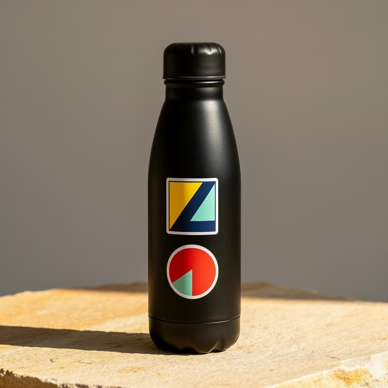 Matte black water bottle with two geomaric vinyl stickers on warm stone surface with neutral grey background