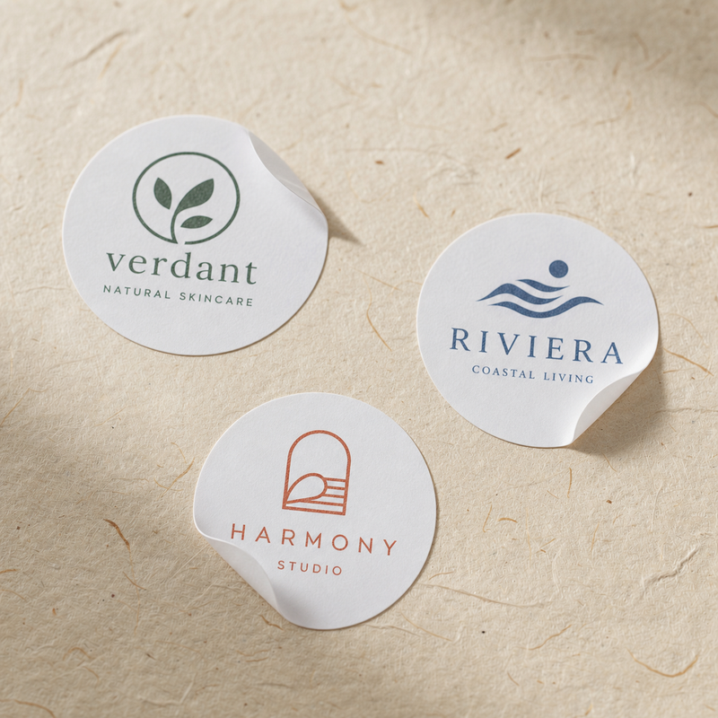 Three round white paper stickers with minimal brand logos slightly curled at edges on warm textured handmade paper surface