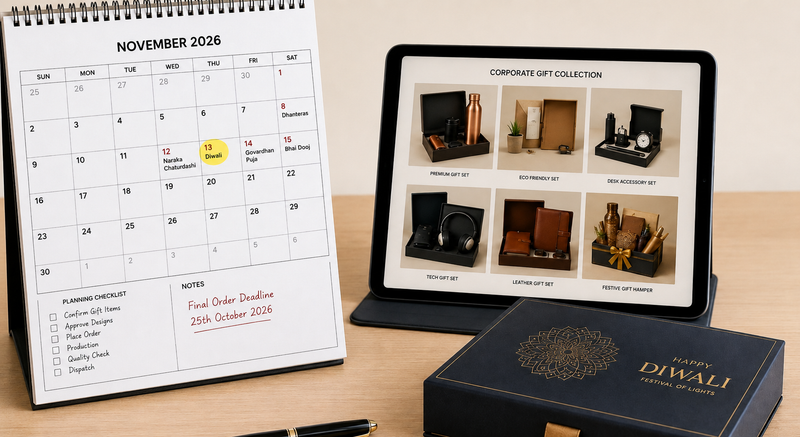 Diwali planning calendar next to digital gift collection catalog.