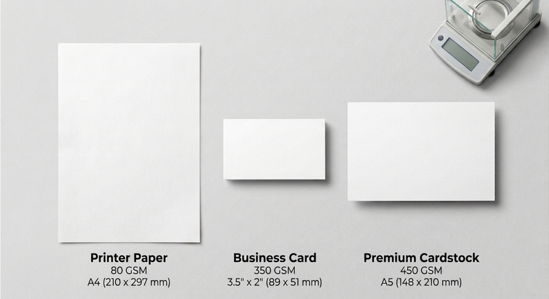 Three paper weights labelled 80 GSM, 350 GSM and 450 GSM shown side by side on dark slate surface