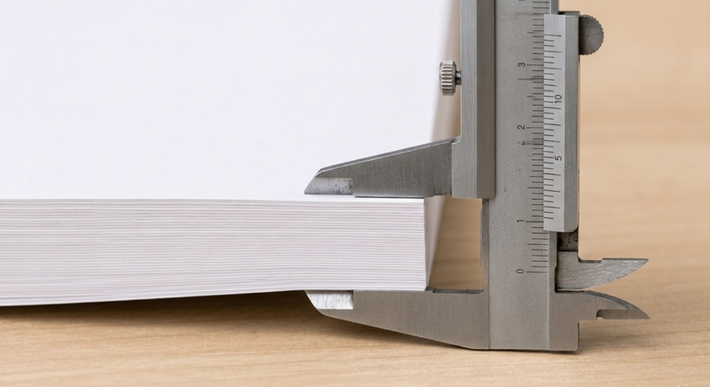 Metal calliper measuring paper stack thickness with GSM vs Thickness label on dark charcoal surface