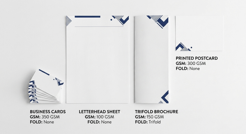 Printed GSM quick reference cheat sheet on dark navy surface listing recommended paper weights for business cards, letterheads, brochures, menus and packaging