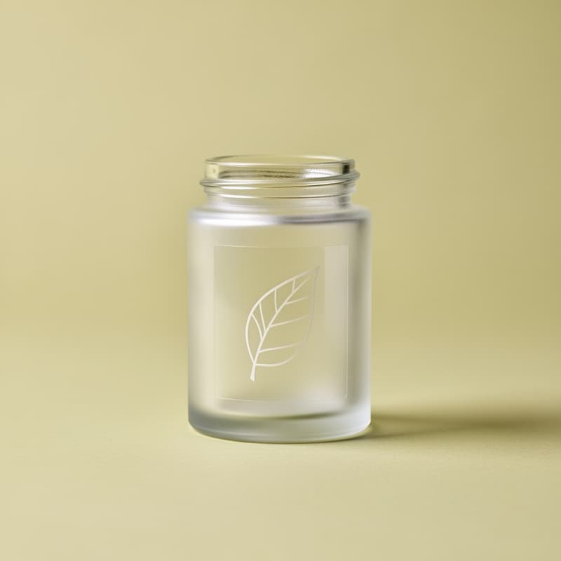 Frosted glass jar with clear transparent label showing minimal leaf outline on pale sage surface demonstrating no-label effect