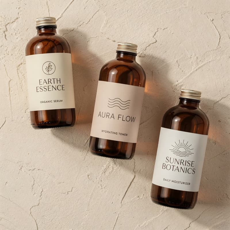 Three amber glass bottles with matte BOPP product labels arranged on warm off-white plaster surface overhead flat lay