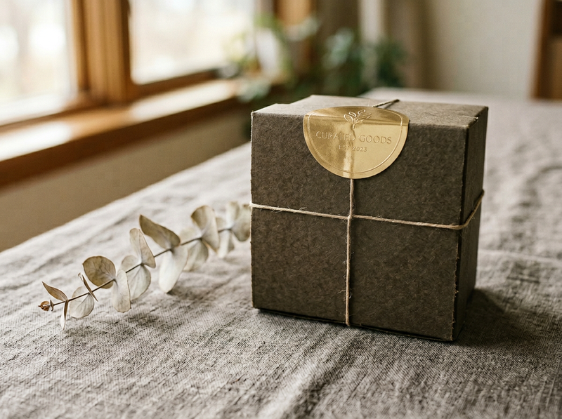 Gold foil circular seal sticker on dark kraft gift box corner on greige linen surface with dried eucalyptus sprig