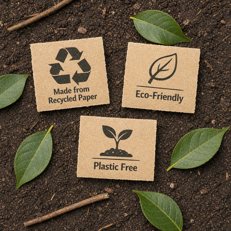 Three kraft paper eco stickers with recycled paper FSC certified and plastic free labels placed on real green leaves and natural soil surface