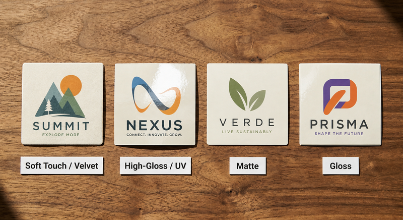 Five sticker finish samples labelled gloss matte transparent kraft and holographic on walnut wood surface showing surface difference under directional light