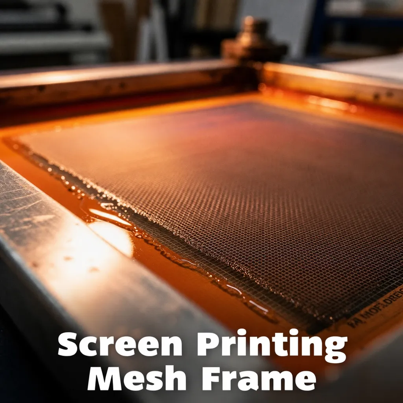 Close-up of a screen printing mesh frame showing emulsion stencil and open mesh areas