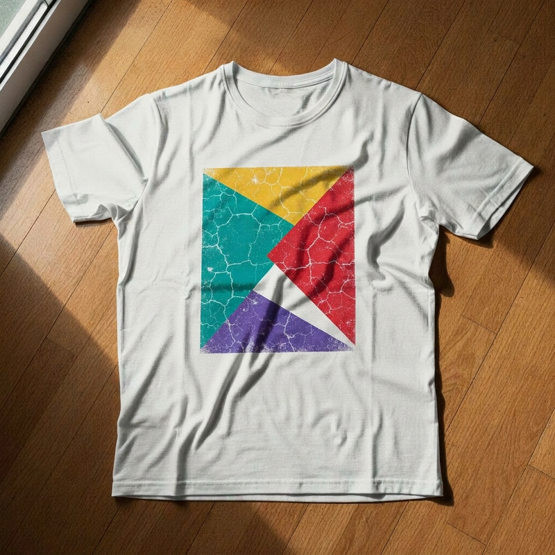 A bold multi-colour graphic on a worn white event t-shirt, still sharp after repeated washing
