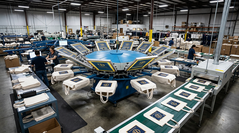 Branded tote bags moving through a carousel screen printing press in a production facility