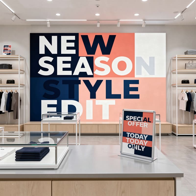 Screen printed retail signage and point-of-sale display board inside a modern store