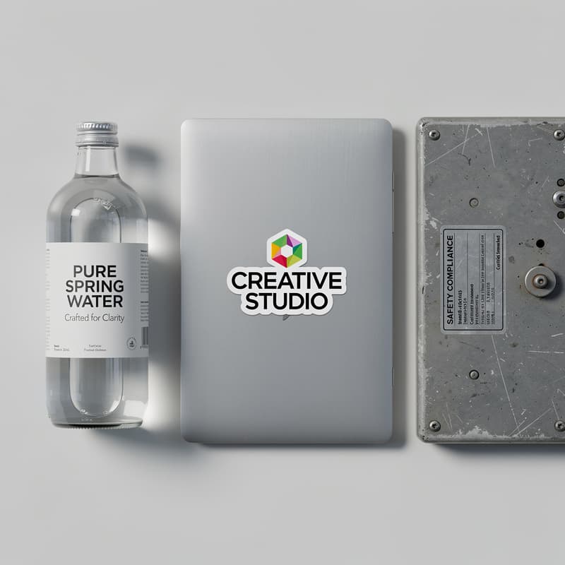 Screen printed label on glass bottle, die-cut sticker on laptop, and compliance decal on metal panel shown side by side