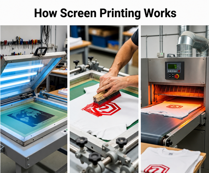 Three-stage screen printing process showing UV exposure, squeegee ink application, and heat tunnel curing