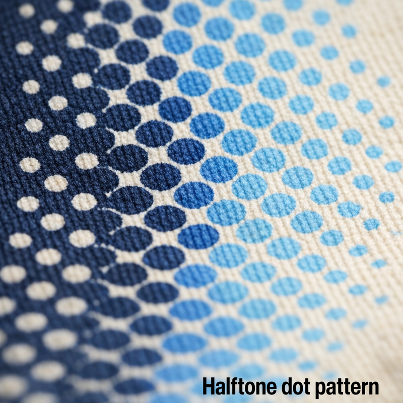 Macro close-up of a halftone screen-printed gradient on cream cotton fabric