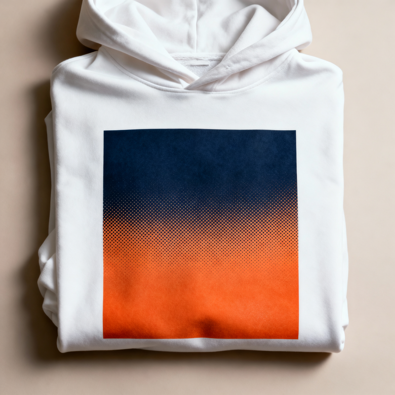 Duotone screen print on white hoodie in navy and orange showing tonal depth and halftone dot detail