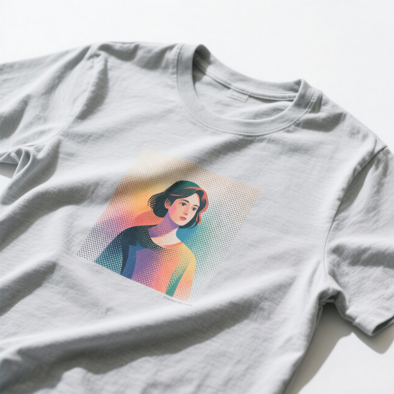 CMYK four-colour process screen print on light grey t-shirt showing full colour illustrated graphic
