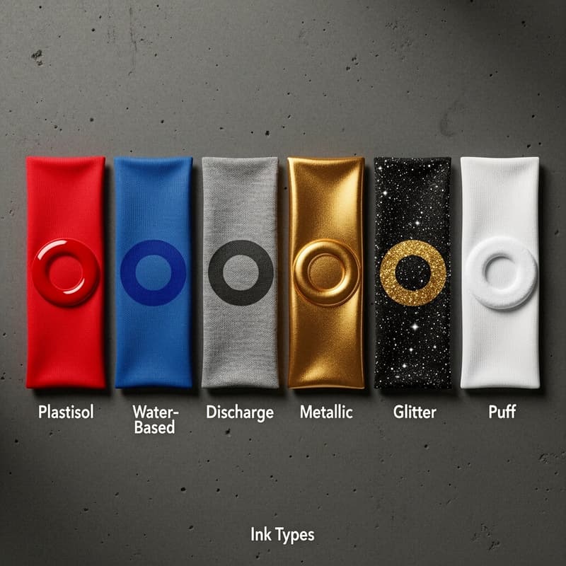 Six fabric swatches showing different screen printing ink finishes including plastisol, water-based, discharge, metallic, glitter, and puff