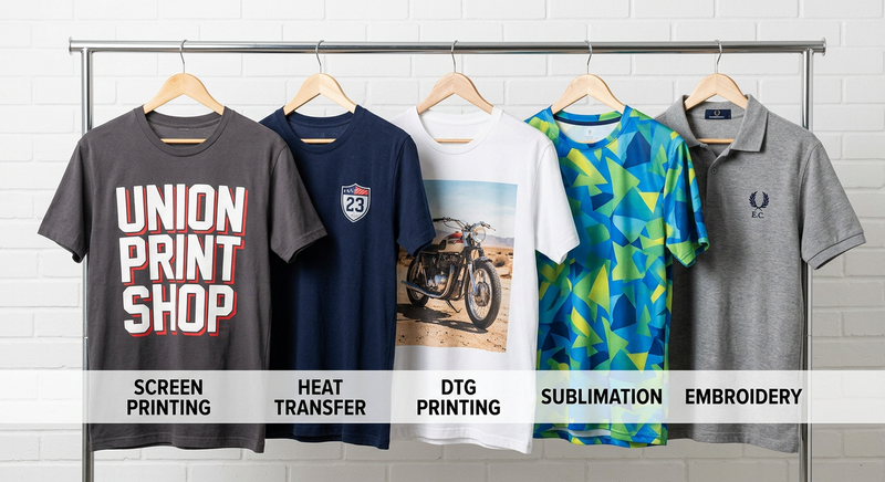 Five garments on a rack showing screen printing, heat transfer, DTG, sublimation, and embroidery print methods