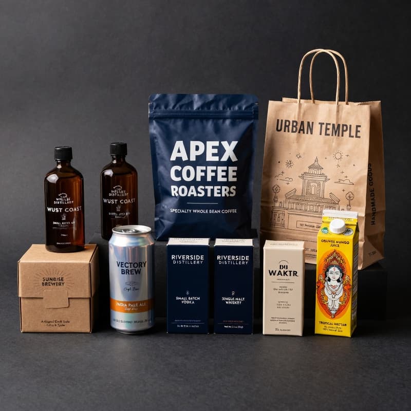 A wide flat lay of eight diverse product packages including kraft, apothecary, luxury, and illustrated styles arranged on a charcoal surface