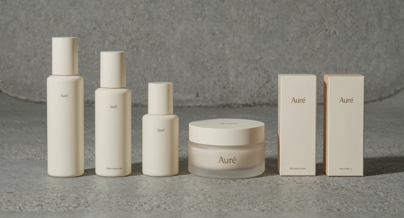 Six muted off-white and beige product bottles and boxes in a clean lineup on concrete