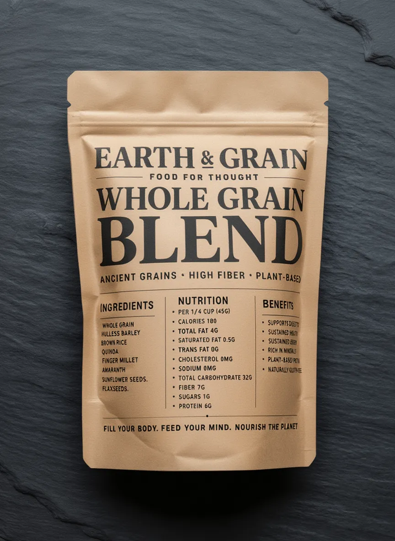 A kraft food pouch with bold oversized editorial typography covering the entire front panel