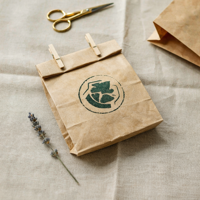 Close-up of a hand-stamped kraft paper bag with slightly uneven dark green ink showing handmade texture