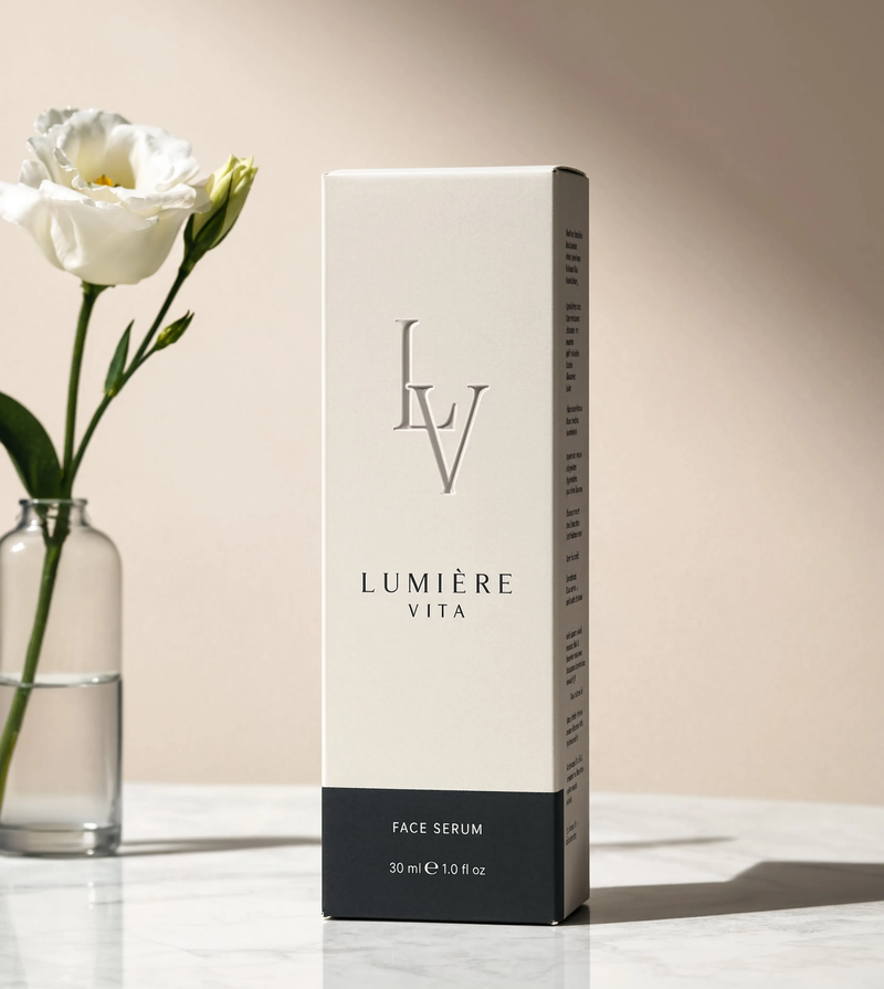 A slim luxury product box with a soft-touch matte finish and subtle embossed logo detail on a marble surface