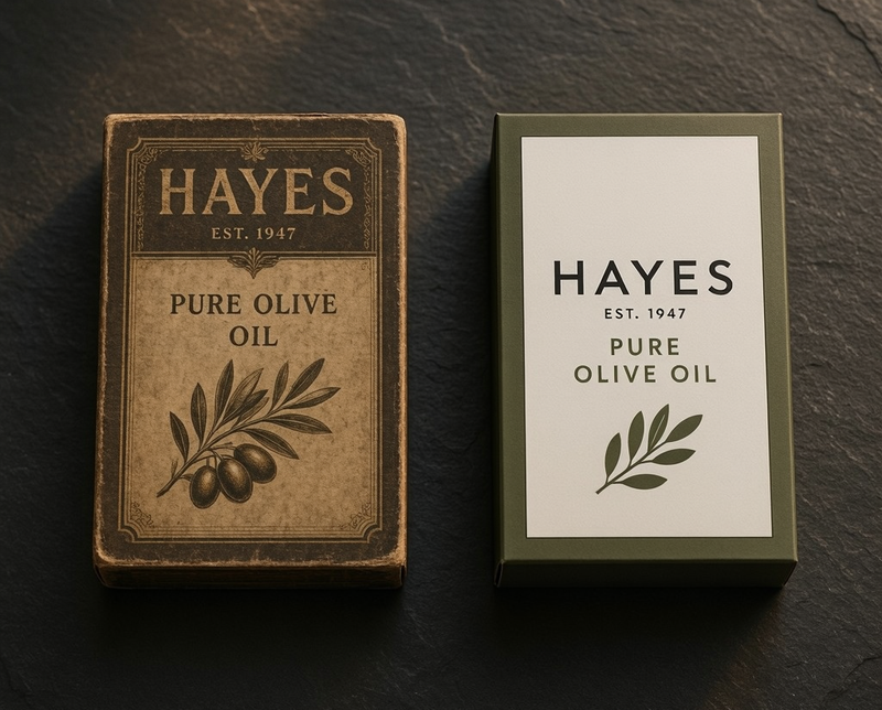 Two versions of the same product box side by side showing an outdated design on the left and a modern redesign on the right