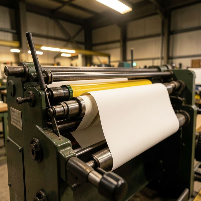 Close-up of an offset printing press showing inked rubber rollers mid-production run