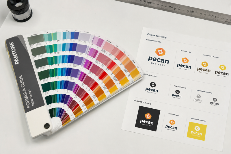 An open Pantone colour swatch book next to a brand colour comparison sheet on a print studio desk