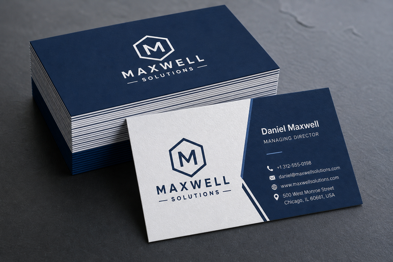 A stack of premium corporate visiting cards with a navy and white brand design