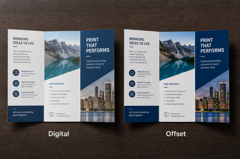 Two tri-fold brochures open side by side comparing digital and offset print quality