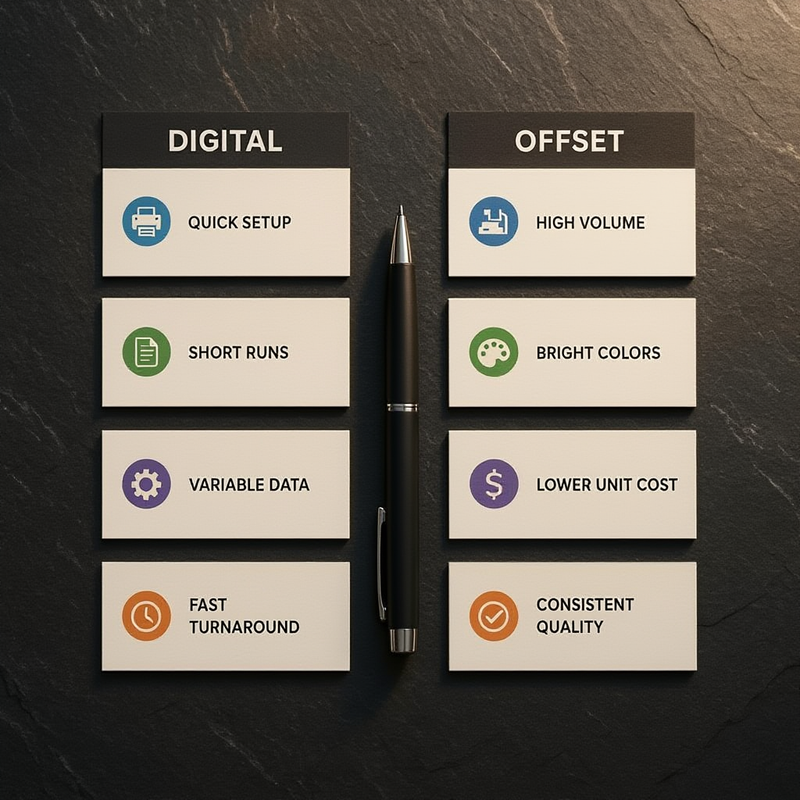 A flat lay showing two columns of decision cards comparing digital and offset printing options