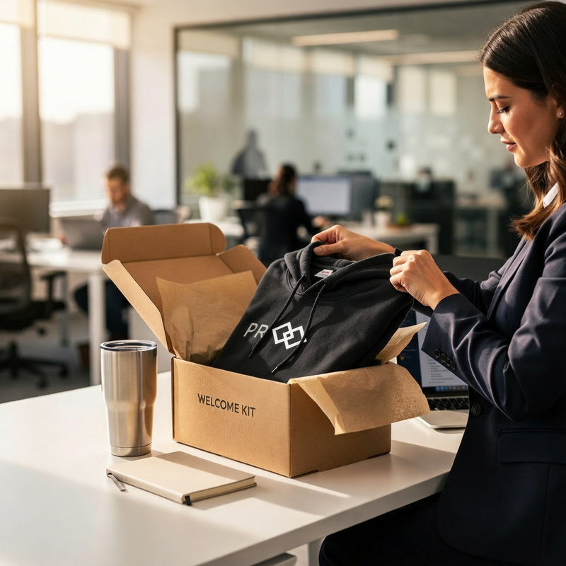 Employee opening a branded welcome kit box containing a hoodie and tumbler at an office desk