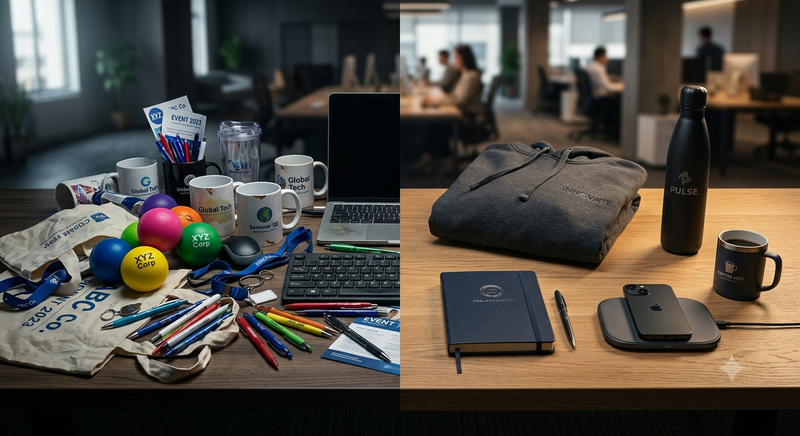 Side-by-side comparison of generic low-quality promotional swag on the left versus premium branded corporate swag on the right