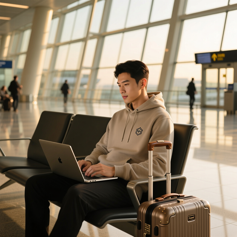 Person wearing a branded hoodie with small logo sitting at an airport gate with luggage