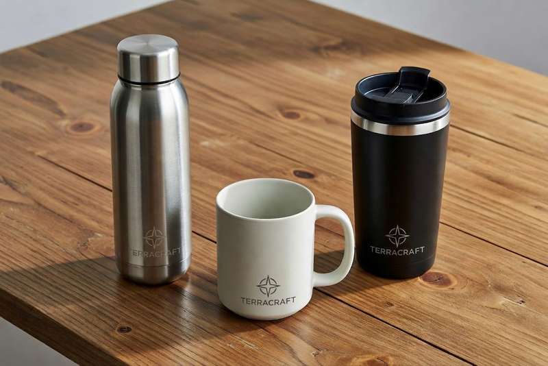 Three branded drinkware items on a wooden table including a stainless steel bottle, ceramic mug and insulated travel tumbler