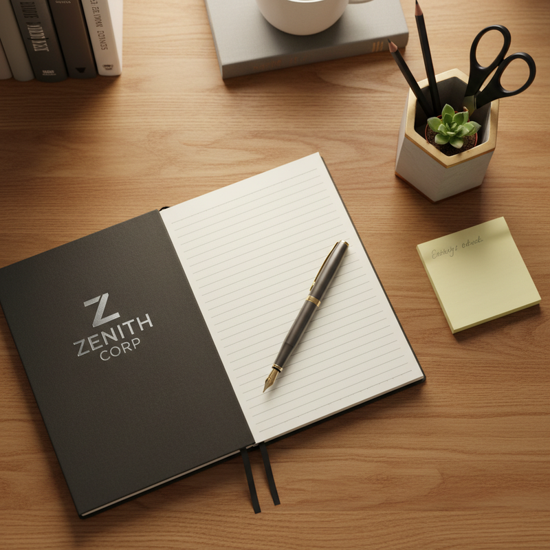 Open branded hardcover notebook with pen resting on page beside sticky notes and desk organiser