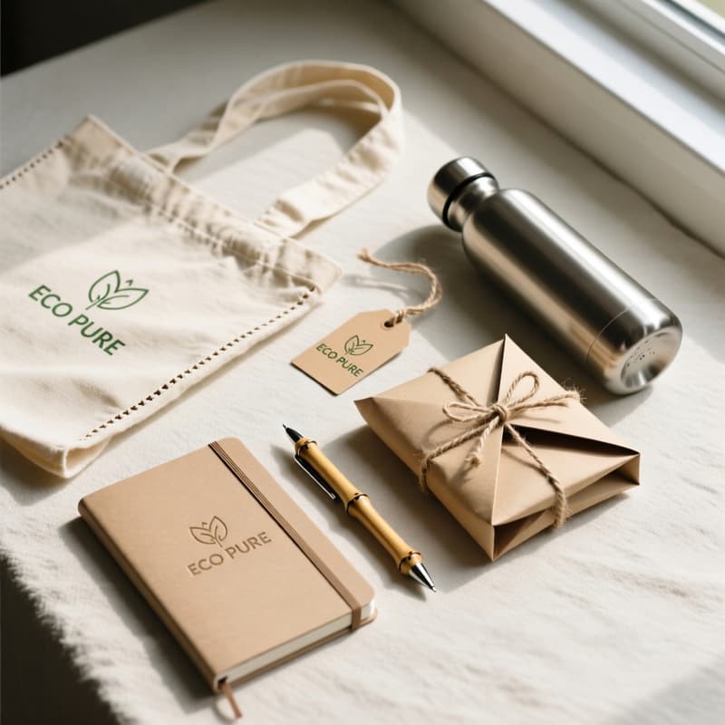 Eco-friendly corporate swag flat lay including canvas tote bag, branded notebook, bamboo pen and stainless steel bottle
