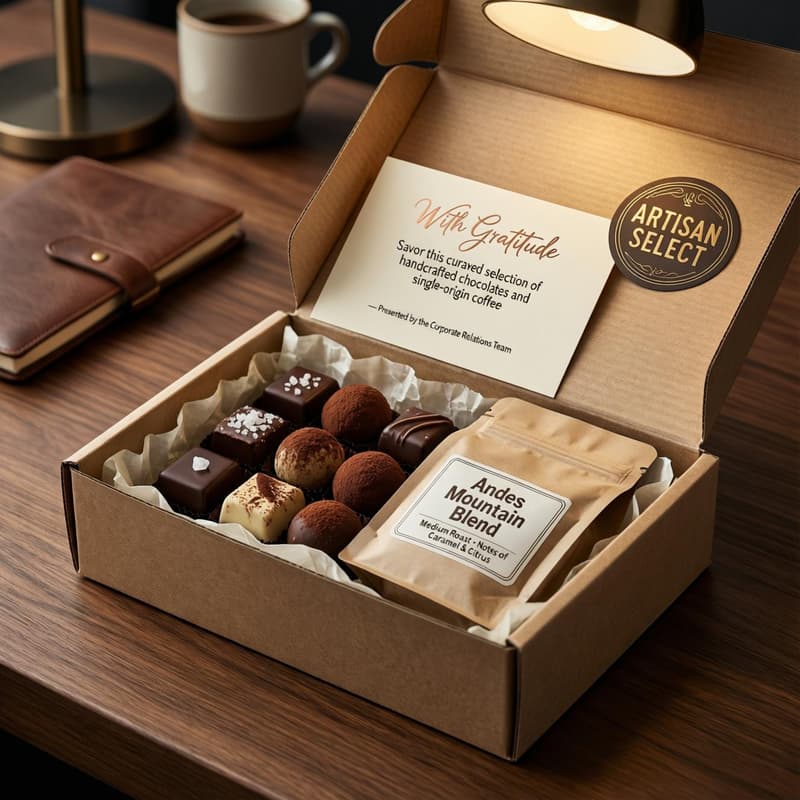 Premium corporate gourmet gift box open on a desk showing artisan chocolates, coffee pack and branded insert card