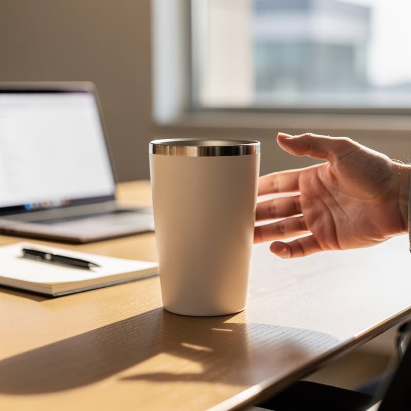 Hand reaching for a matte powder-coated insulated tumbler on an office desk beside a laptop and notebook